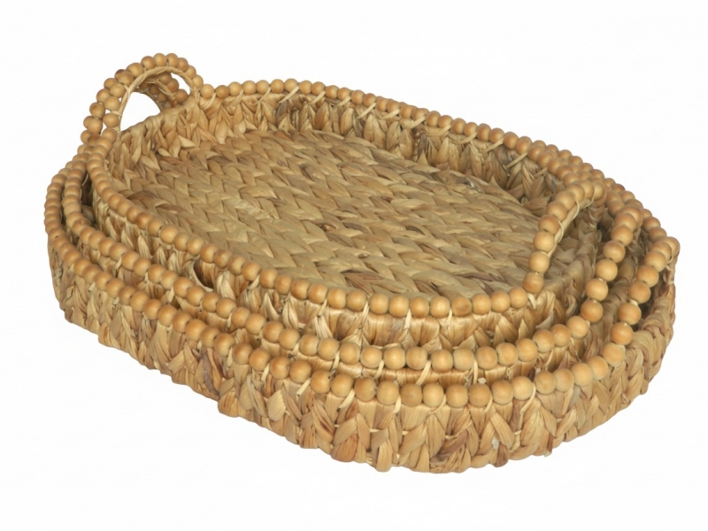 3pc oval water hyacinth tray with wooden beads